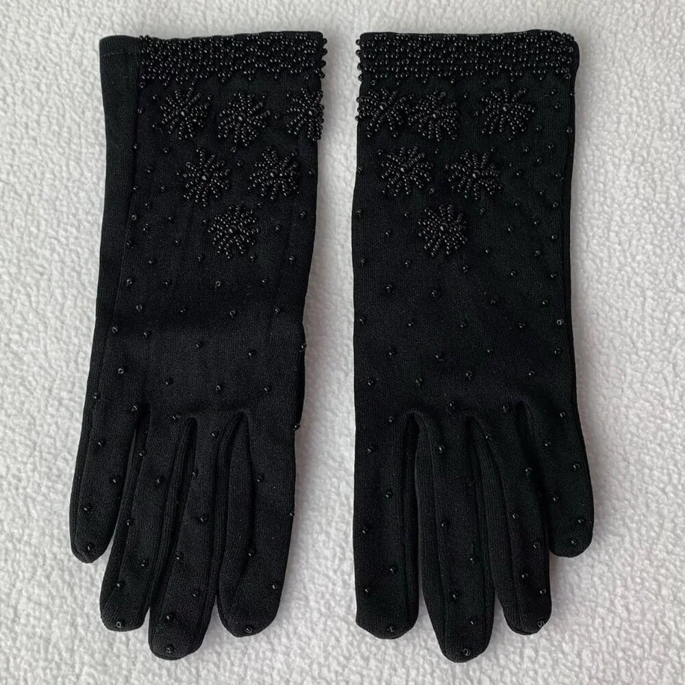 Vintage 1950s Beaded Black Stretch Nylon Gloves Hong Kong XS